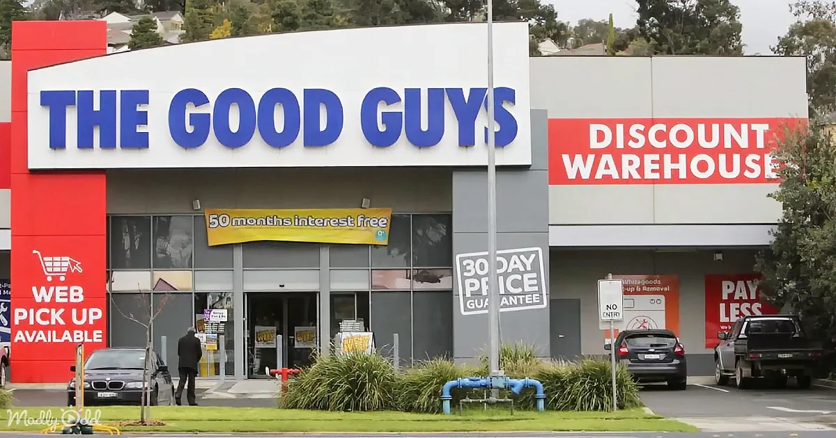 The Good Guys Discount Warehouse store with signs for interest-free credit and web pick-up available.