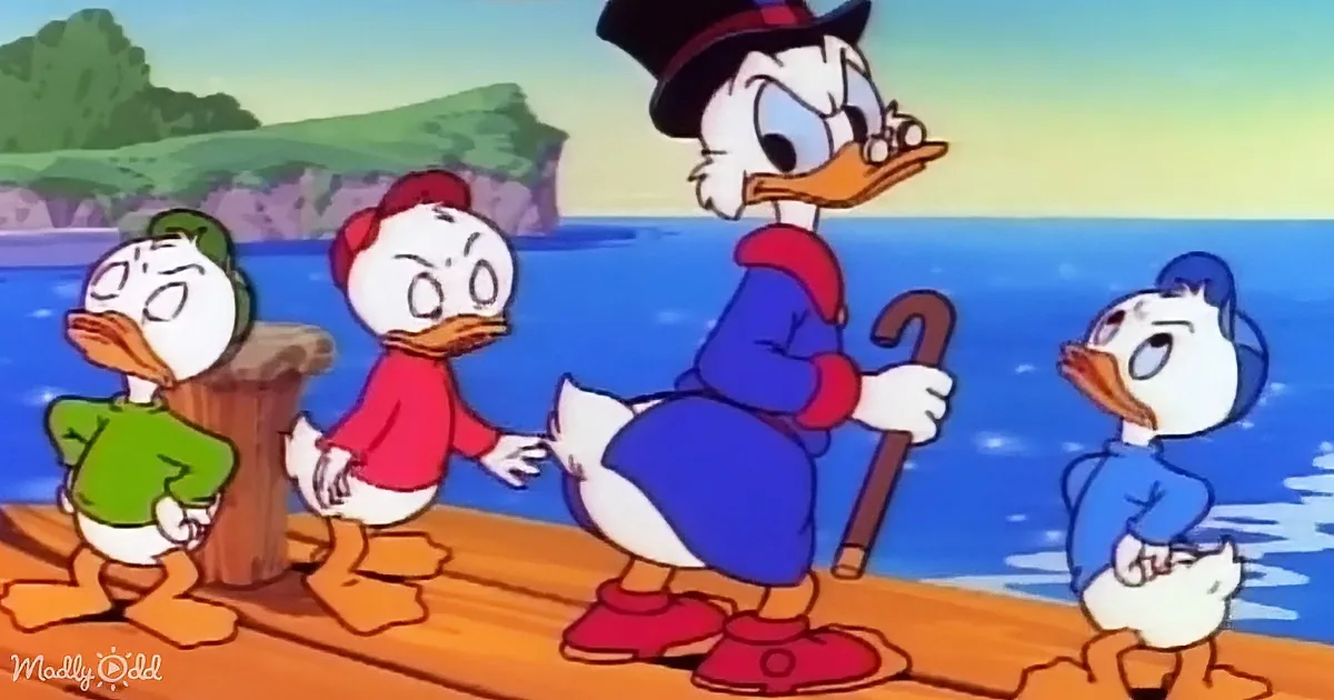 Donald Duck, wearing a top hat and cane, stands on a dock with three nephews, all looking worried.