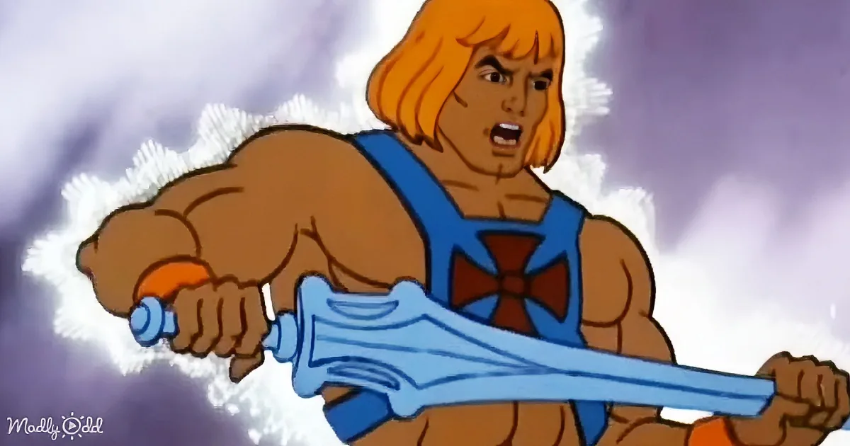 He-Man, muscular, golden hair, blue harness, holding sword, determined expression, cloudy sky background.