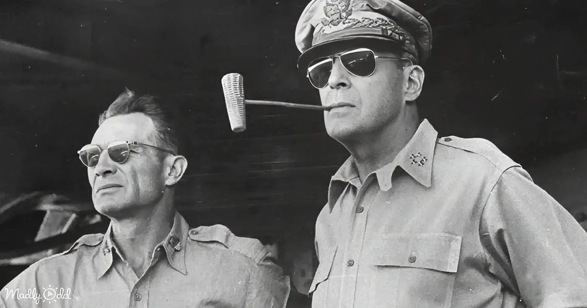 General smoking pipe, wearing sunglasses, standing with another man in military uniforms.