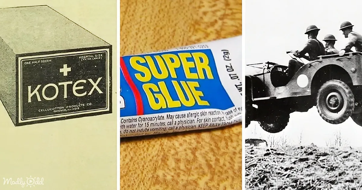 A Kotex box, a Super Glue packet, and a World War II-era military vehicle with soldiers.