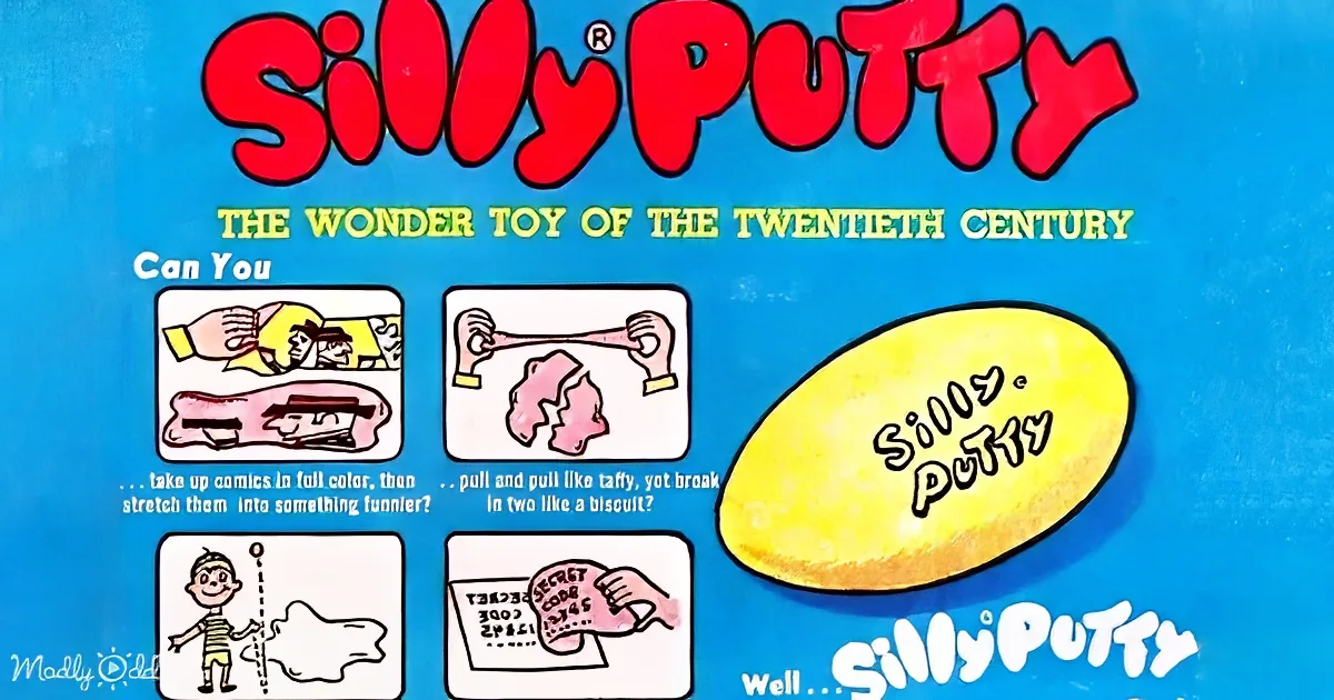 Silly Putty advertisement shows its stretchy, squishy properties and playful uses.