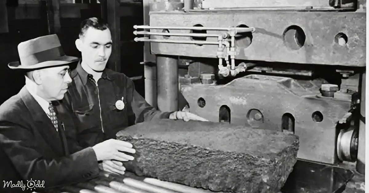 Two men examine a large, textured rock in a workshop setting.