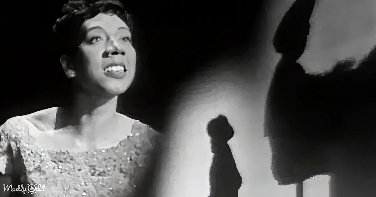 A woman in a beaded dress sings passionately, her shadow cast on a dark background.