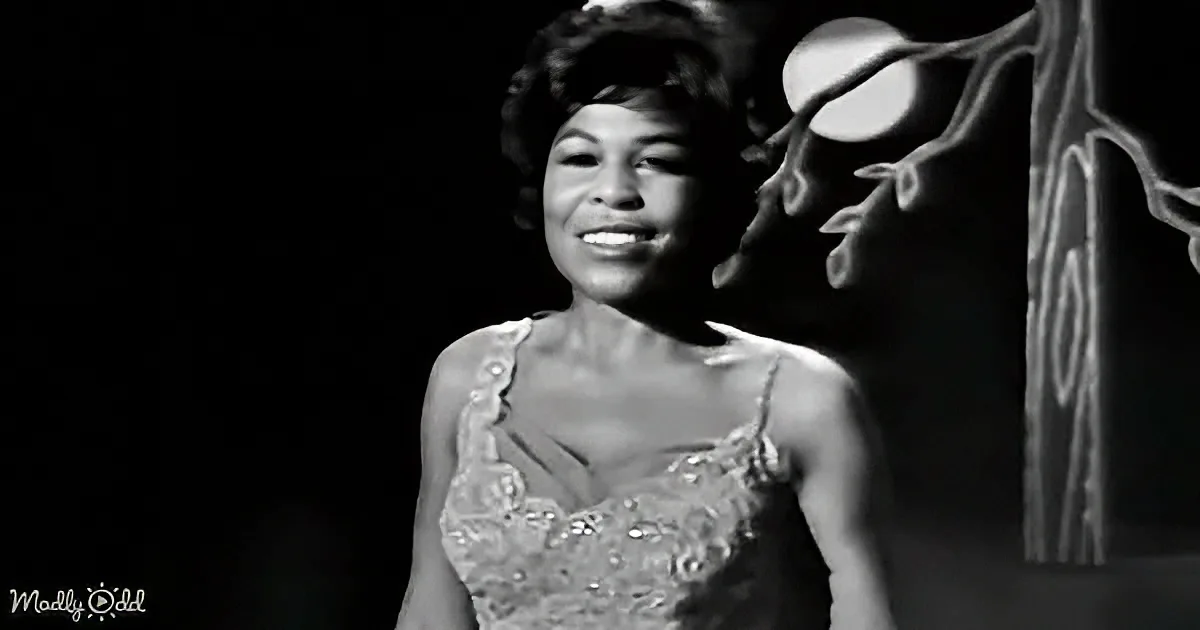 A woman in a lace dress smiles, standing against a dark background with a tree silhouette.