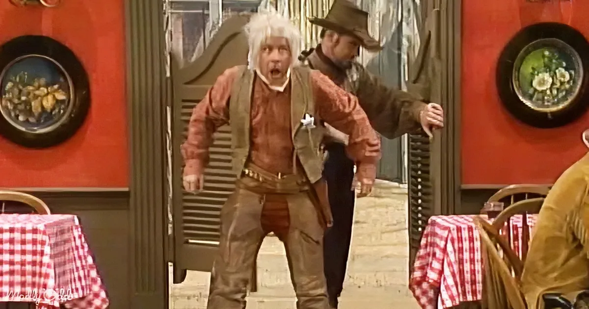 A man in a cowboy outfit is running with a surprised expression in a Western-themed diner.