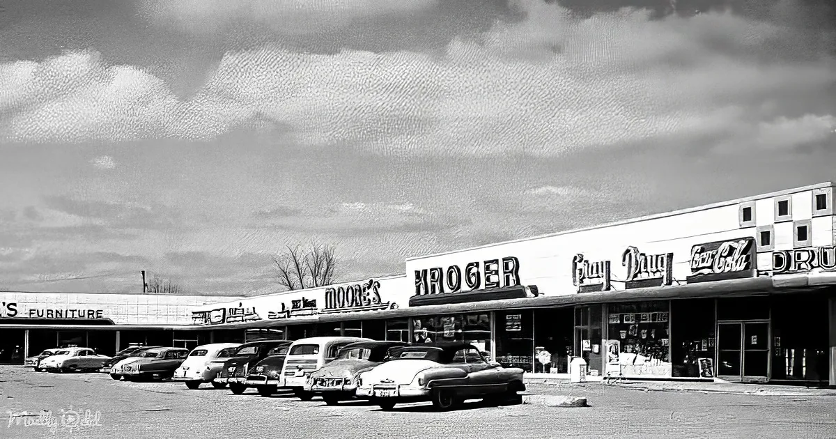 Vintage cars line up in front of a Kroger grocery store under a cloudy sky.