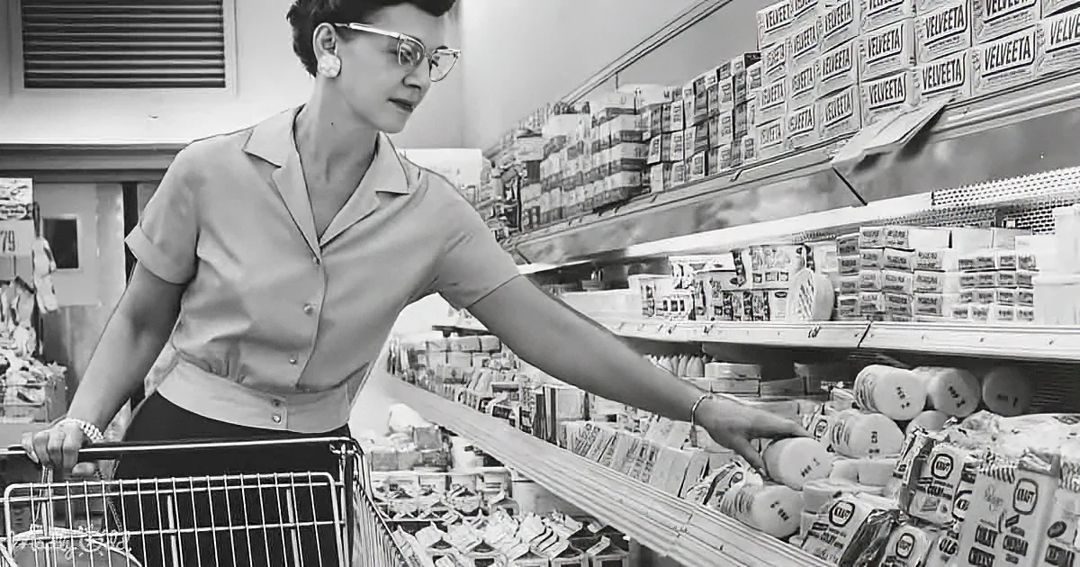 A woman in a retro-style shirt shops for cheese in a grocery store aisle.