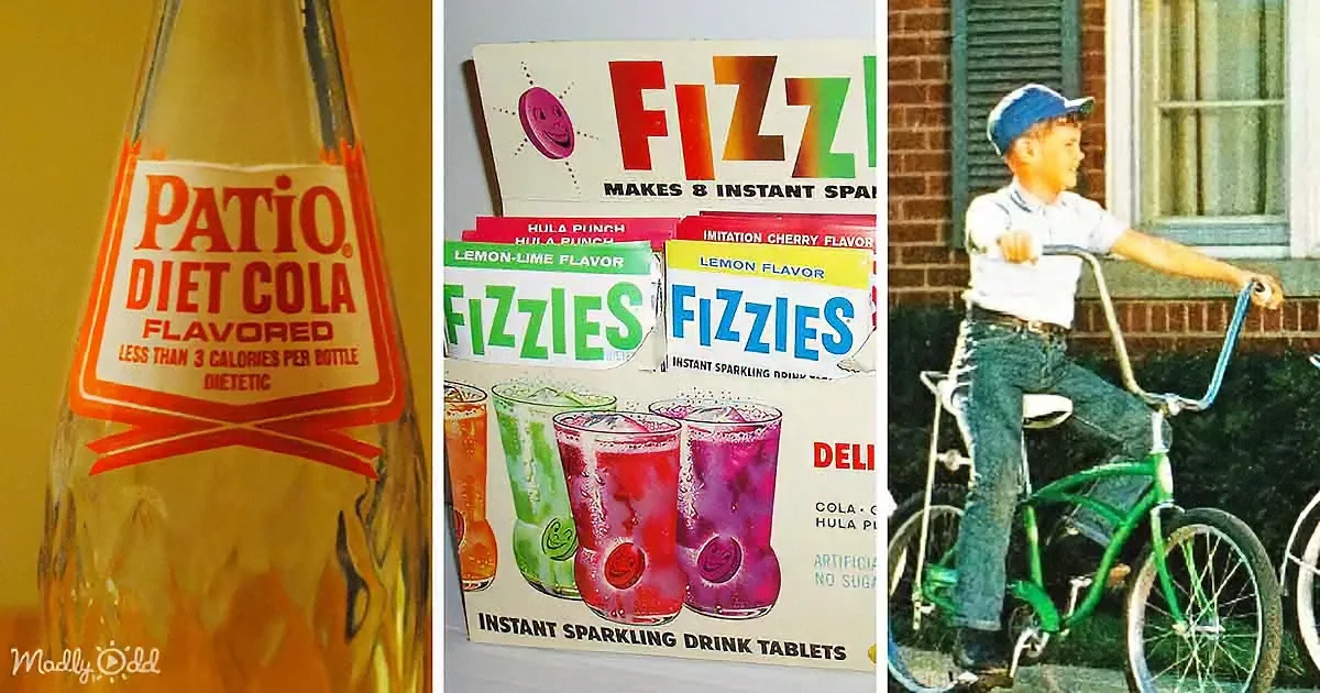 A vintage Patio Diet Cola bottle, Fizzies drink tablets, and a boy on a green bike are featured in this nostalgic collage.
