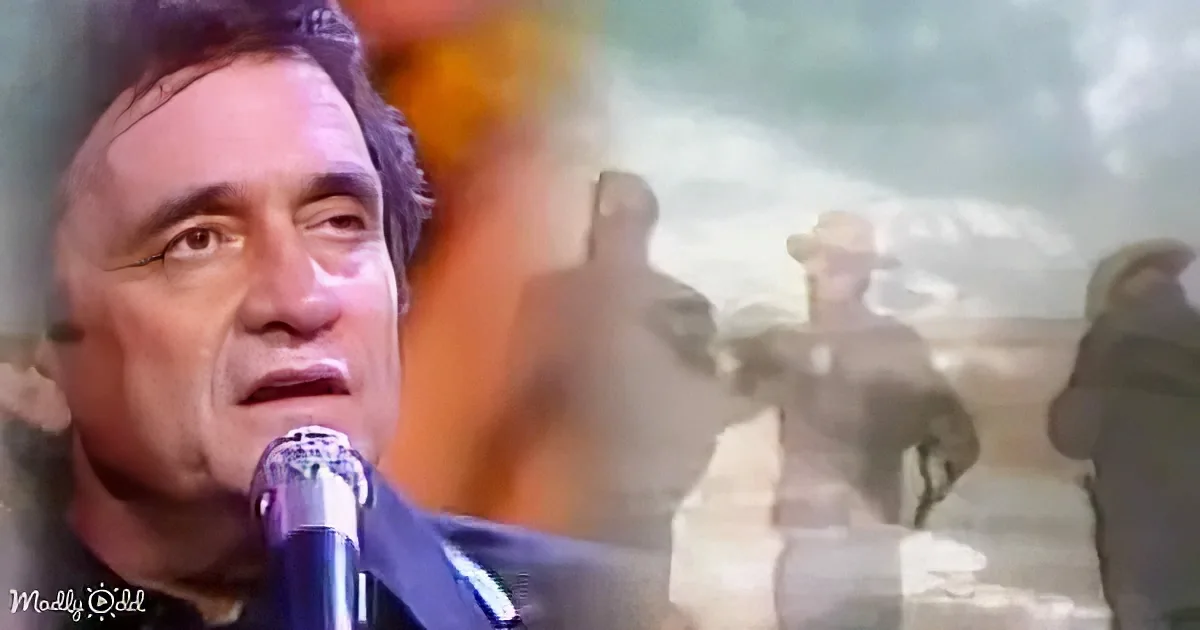 A man sings into a microphone, with a blurred background of people and a dusty environment.