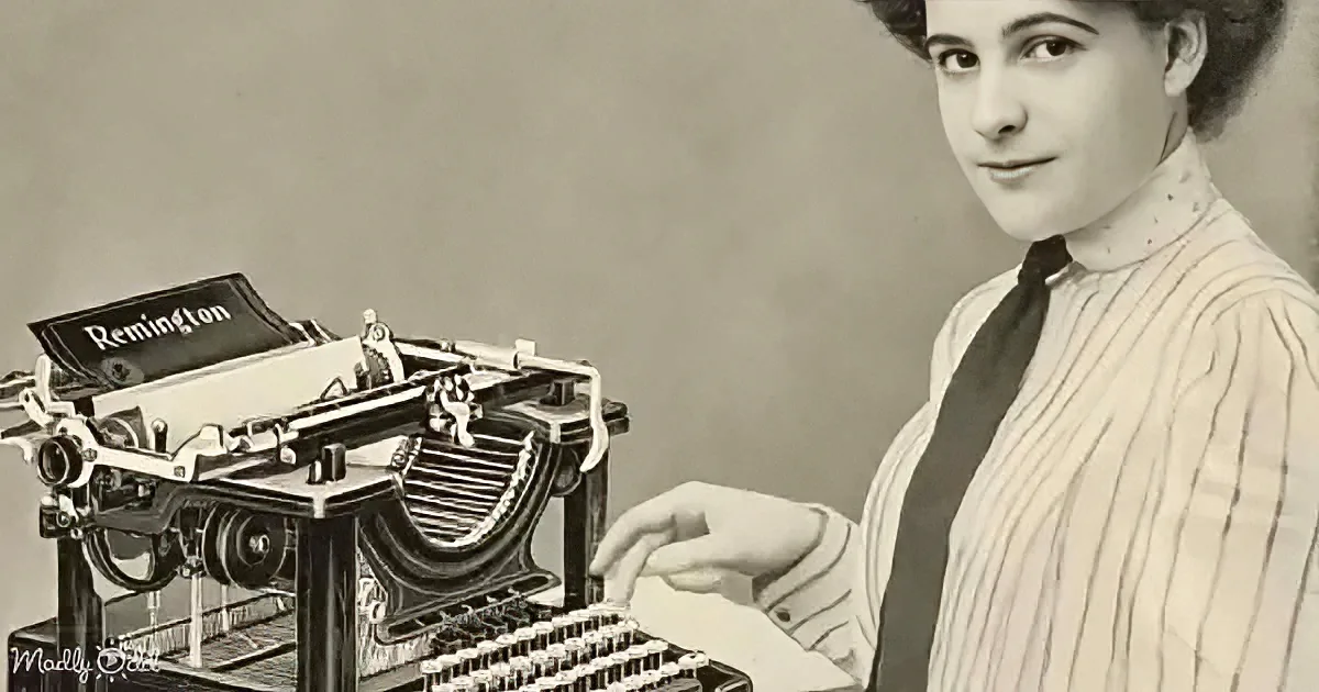 A woman in a striped shirt and tie is typing on a vintage Remington typewriter.