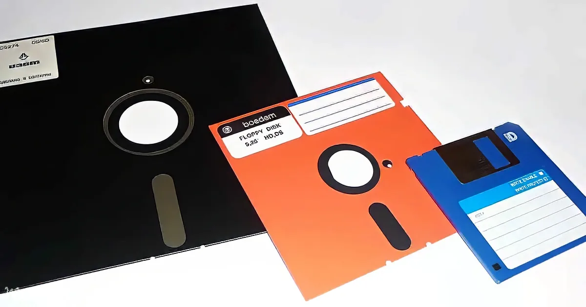 Three floppy disks of different colors: black, orange, and blue, with labels indicating their specifications.