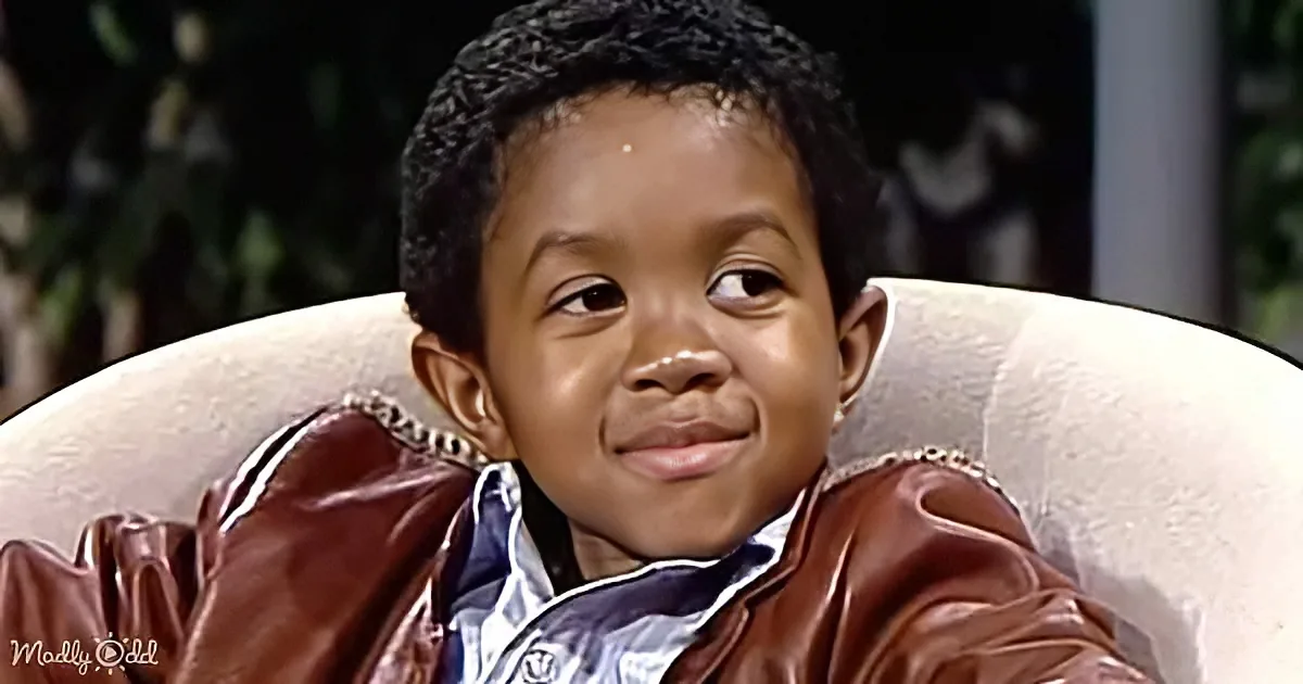 A young boy with short black hair, wearing a brown jacket and striped shirt, sits in a white chair, smiling.