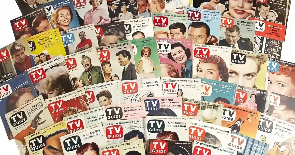 A collection of vintage TV Guide magazine covers featuring various celebrities and entertainment news.