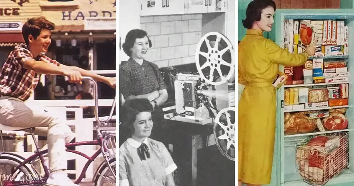 A boy rides a bike, a woman operates a sewing machine, and a woman shops in a grocery store.