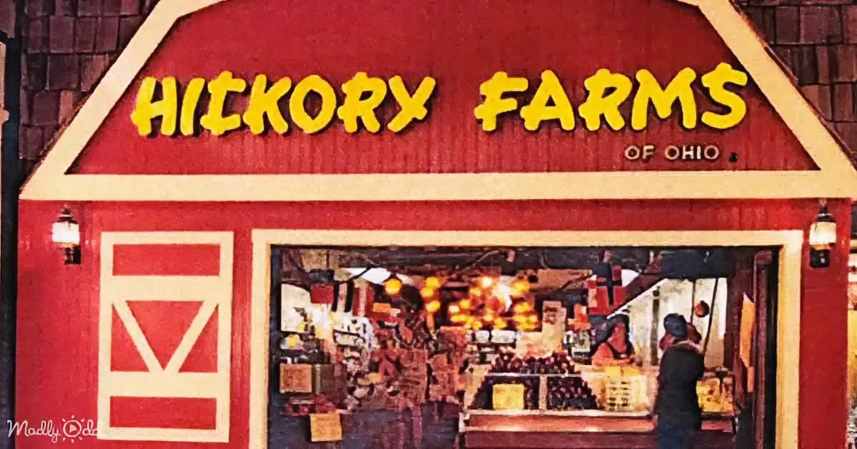 Hickory Farms of Ohio storefront with red barn design and people inside.