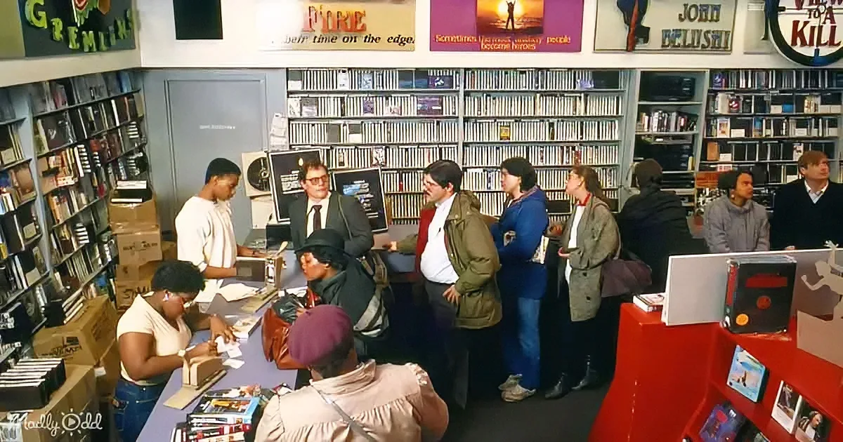Customers browse and interact with staff in a bustling video rental store.