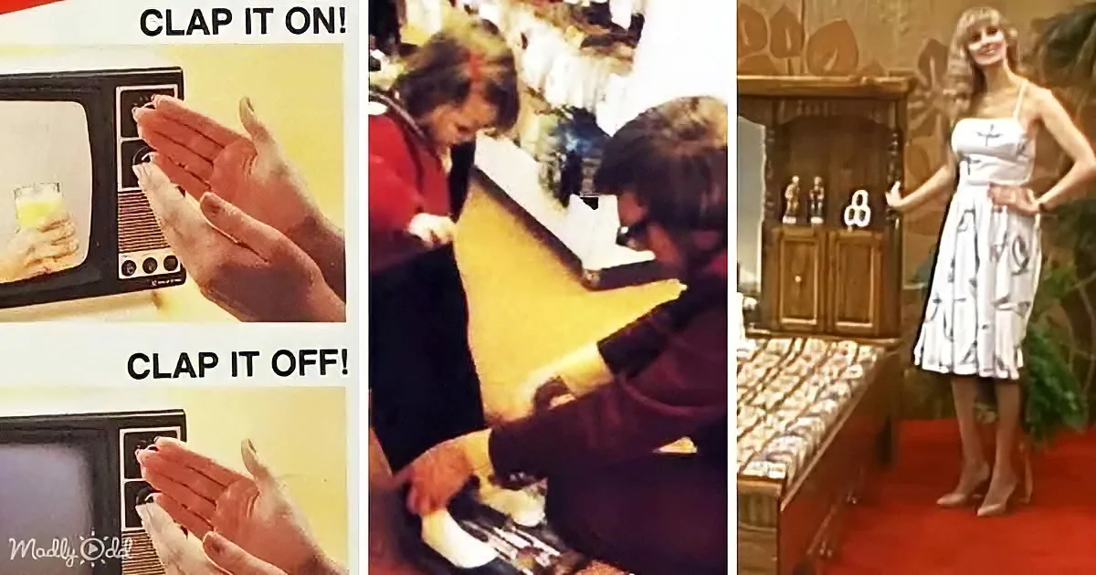 A vintage ad shows a microwave with hands clapping to turn it on/off, alongside scenes of a woman in a red dress and...