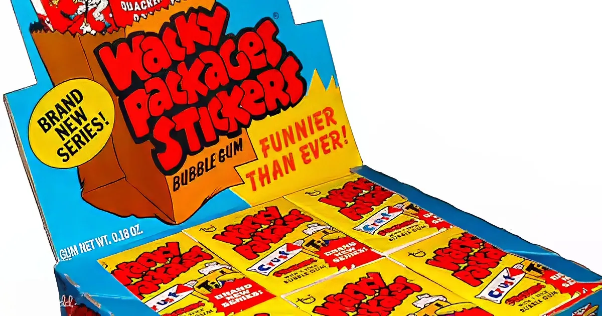 A box of Wacky Packages Stickers bubble gum with multiple packs inside.