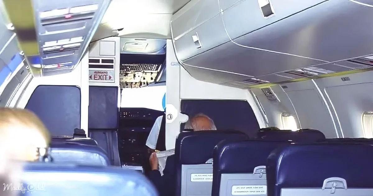 Passengers seated inside an airplane, with overhead compartments and emergency exit sign visible.