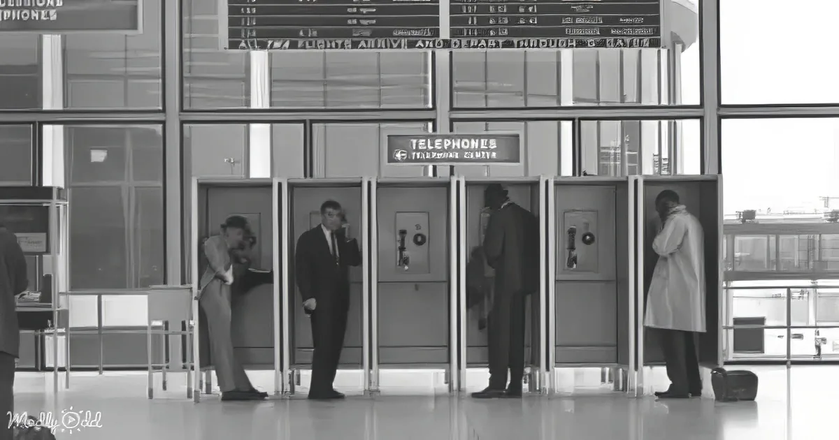 Men in suits use public telephones in a modern airport terminal.