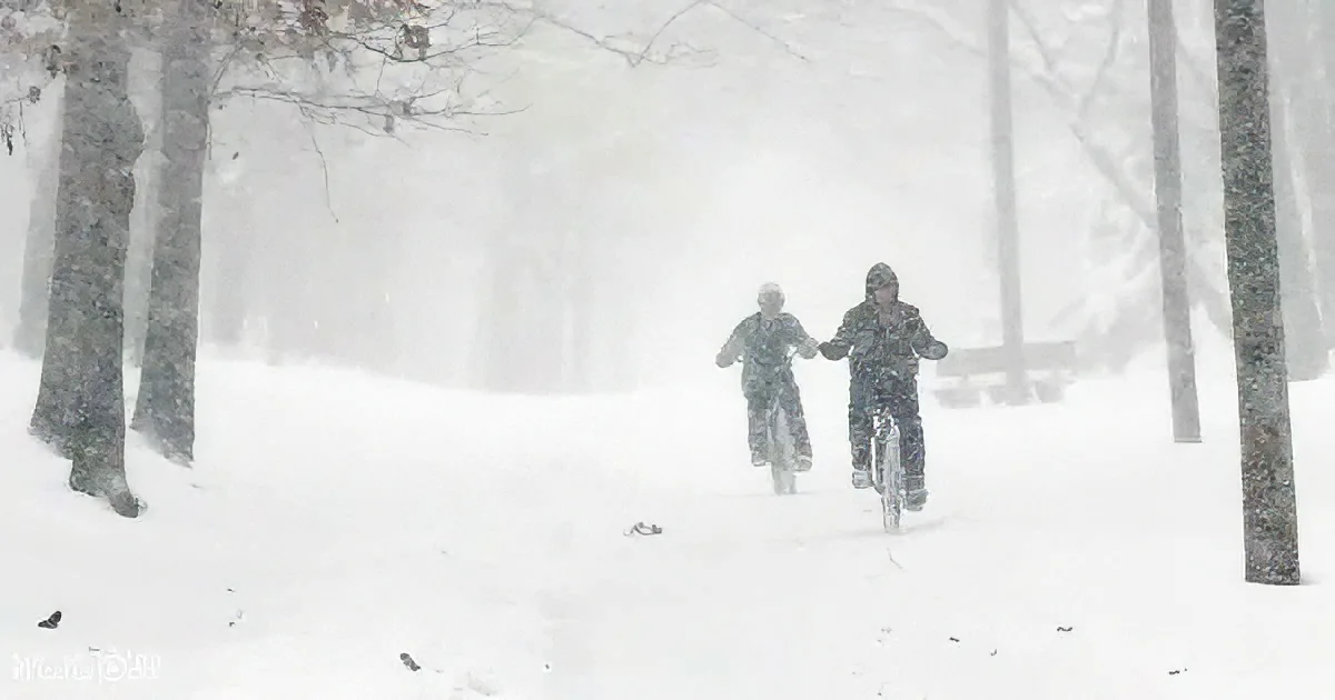 Two people ride bicycles through a snowy forest, surrounded by falling snow and bare trees.