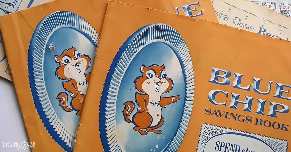 A vintage Blue Chip Savings Book with a cartoon squirrel on the cover.