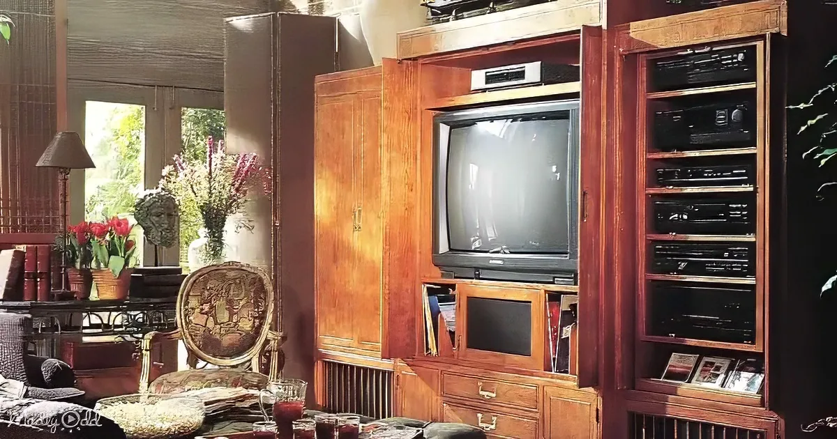 A vintage entertainment center with a CRT TV, stereo equipment, and wooden cabinets in a cozy living room.