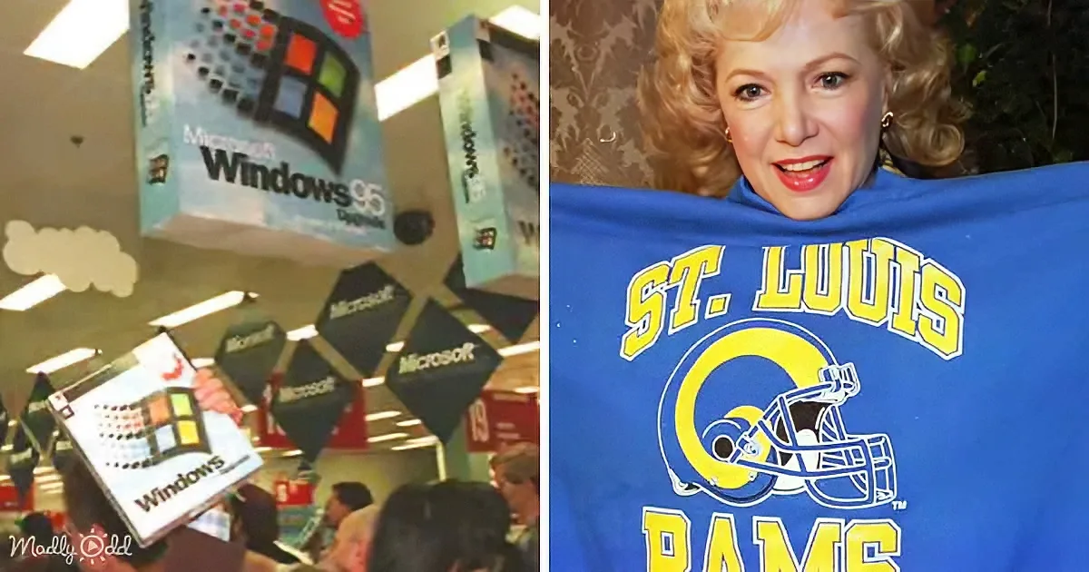 A woman holds a St. Louis Rams t-shirt, while the background shows Microsoft Windows 95 boxes.