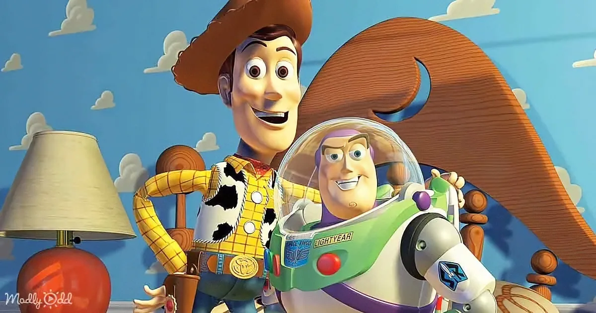 Woody and Buzz Lightyear, iconic characters from Toy Story, stand together in a playful pose.