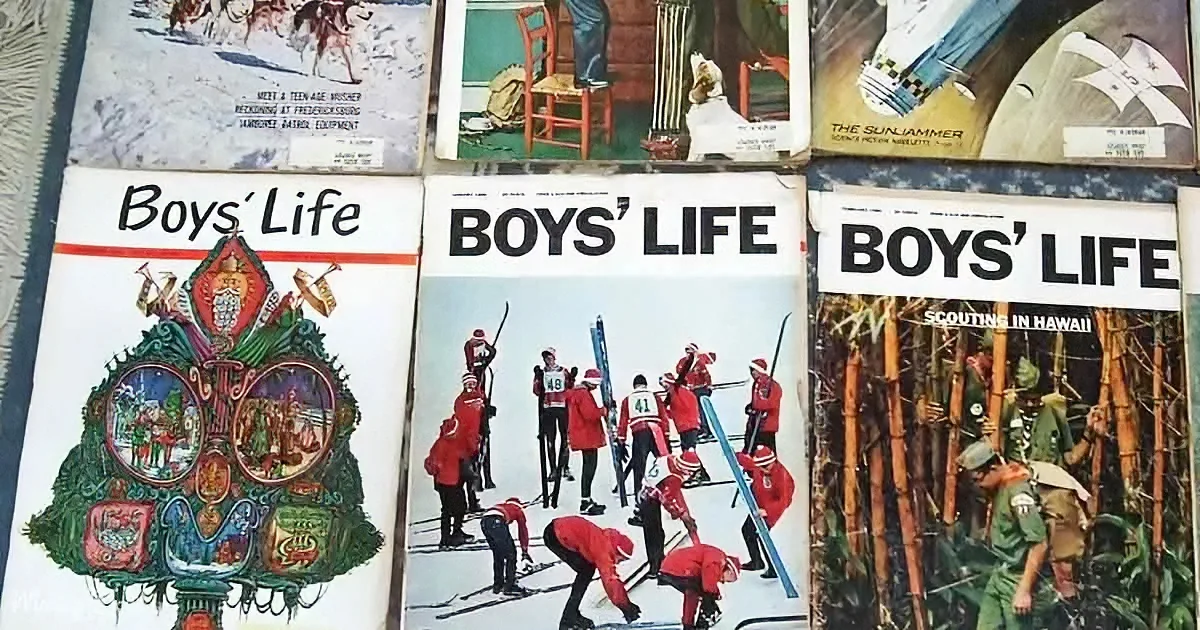 Boys' Life magazines with various covers, including skiing and scouting themes, are displayed.