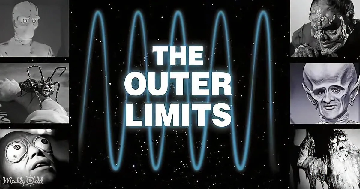 The Outer Limits title with eerie alien faces and blue wave graphics against a starry background.