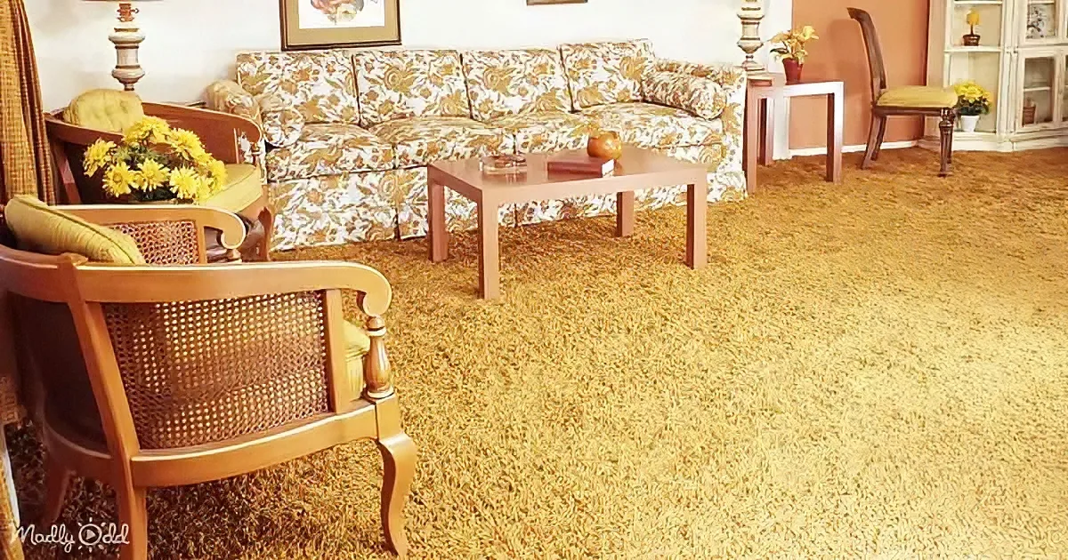 A vintage living room with floral-patterned furniture, yellow carpet, and yellow flowers, evoking a retro aesthetic.