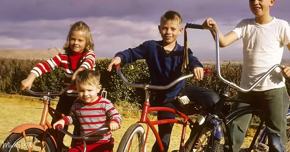 Four children on bicycles in a field, smiling and looking at the camera.