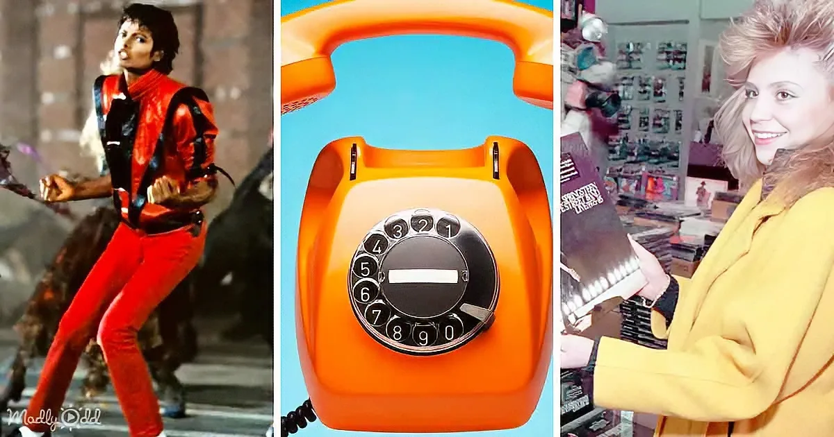 A vibrant orange rotary phone is surrounded by iconic 80s pop culture imagery, including Michael Jackson and a woman in a...