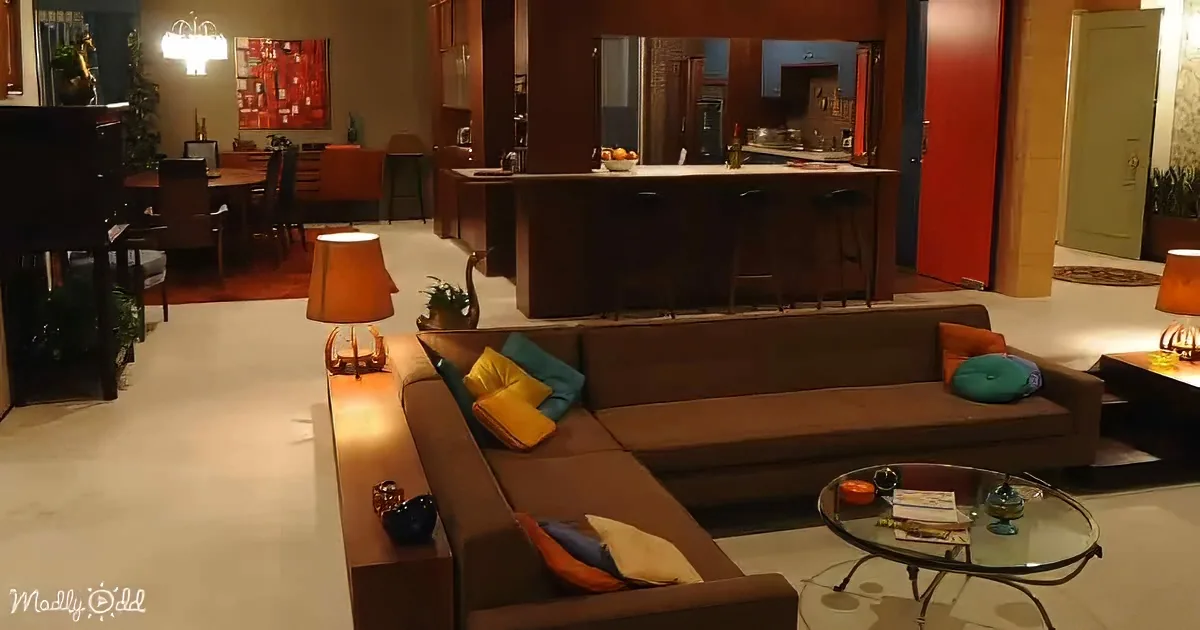 A modern living room with a sectional sofa, glass coffee table, and a kitchen bar in the background.
