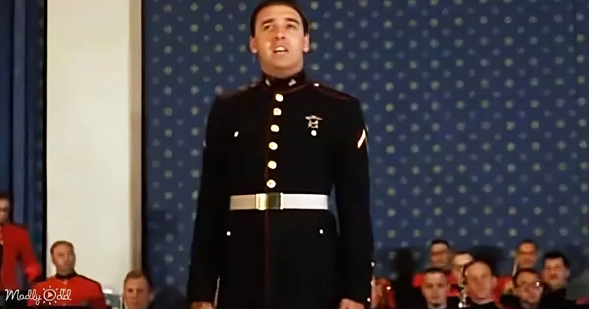 A man in a formal military uniform stands in front of a crowd, possibly at a ceremony or performance.