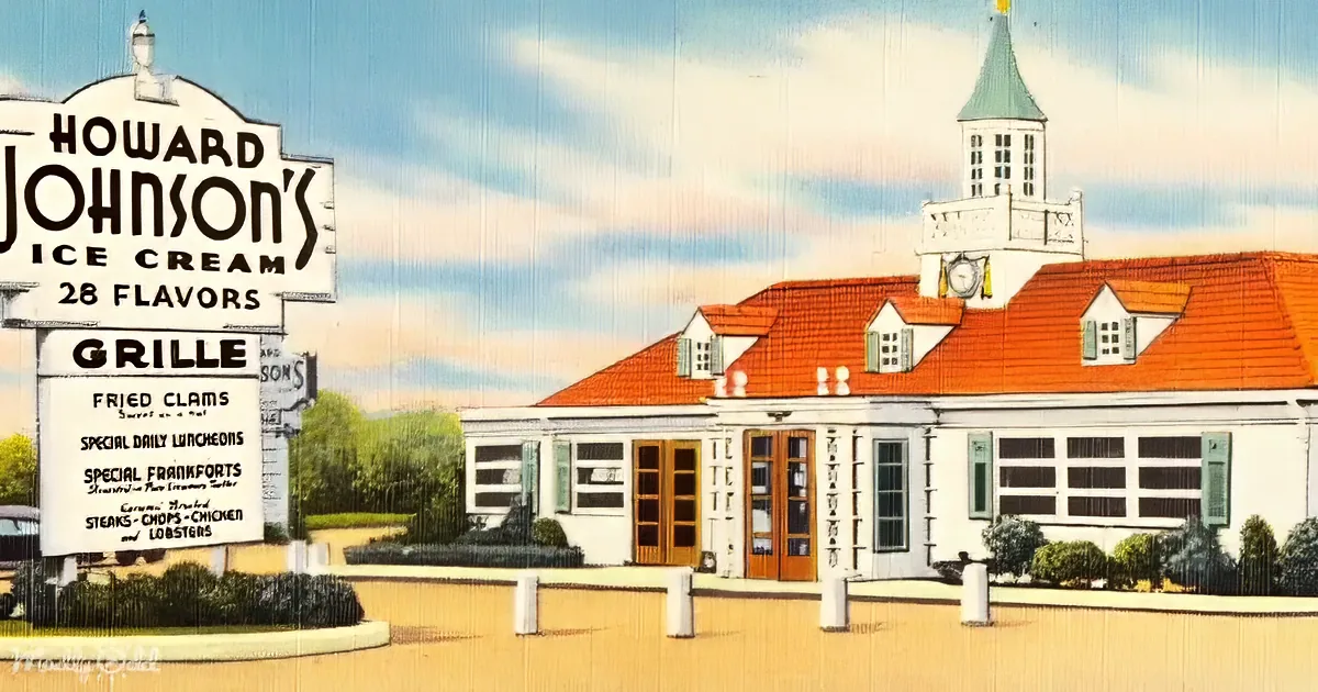 Howard Johnson's restaurant sign advertises ice cream and fried clams, with a building featuring a clock tower in the...