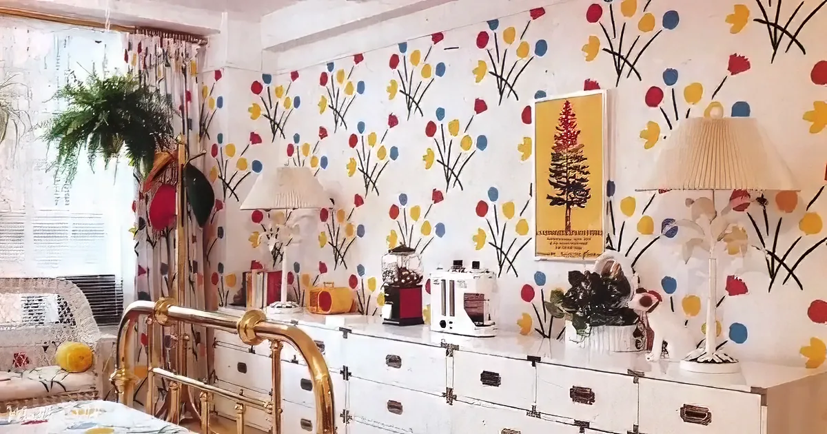 A colorful floral wallpapered room with a white dresser, lamps, and a bed with brass railings.