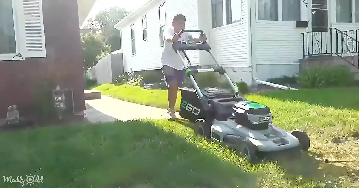 A boy mows grass with a lawnmower in a sunny yard near a house.