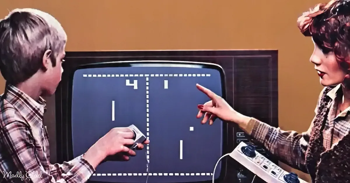 Two people play Pong on a vintage TV, one using a paddle controller, the other gesturing.