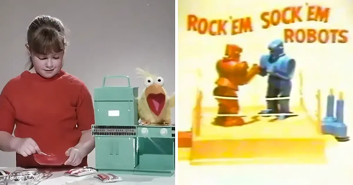 A girl in a red sweater stands next to a puppet on a green machine, while a cartoon shows "Rock 'em Sock 'em Robots" with...