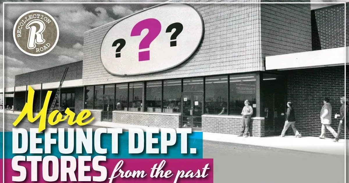 Three storefronts: Zodys, Two Guys, and Woolco, with cars parked in front and people in a car.