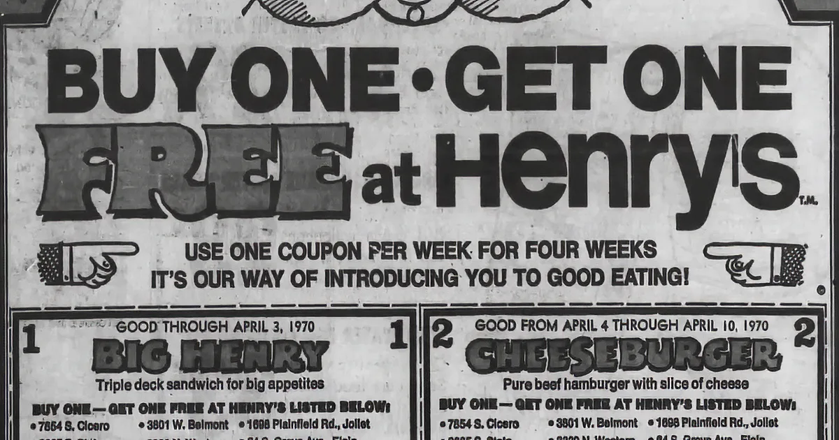 Three vintage fast-food signs advertise Henry's Hamburgers, Burger Chef, and Minnie Pees Chicken.