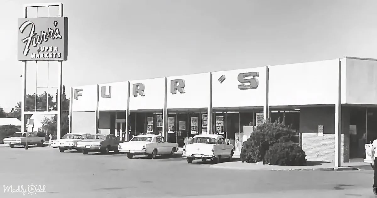 Furr's Super Markets building with cars parked in front, sign prominently displayed.