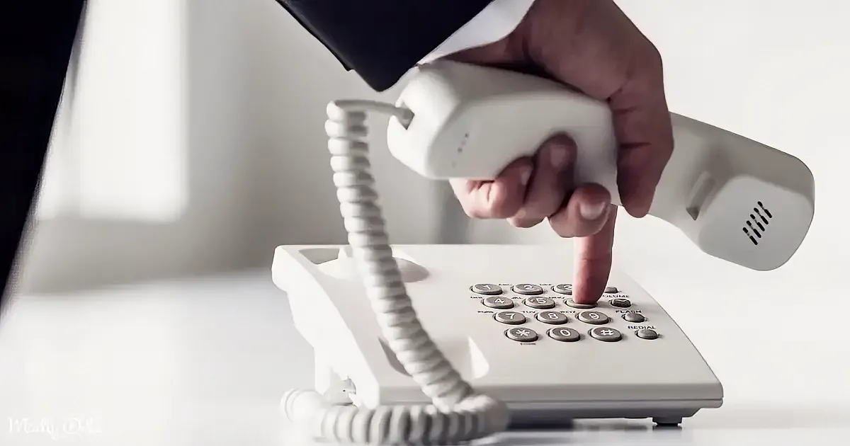 A hand holds a white telephone receiver, pressing a button on the base.