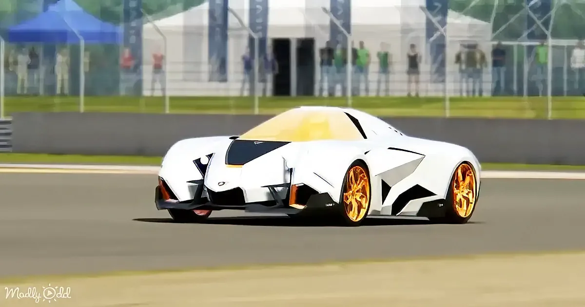 A futuristic white sports car with gold wheels speeds on a racetrack, surrounded by spectators and tents.