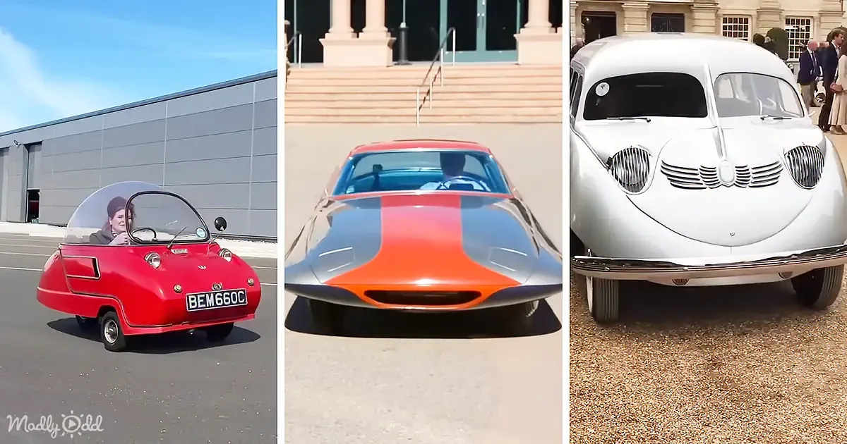 A red microcar, a futuristic orange and silver vehicle, and a vintage white car are displayed in this collage.