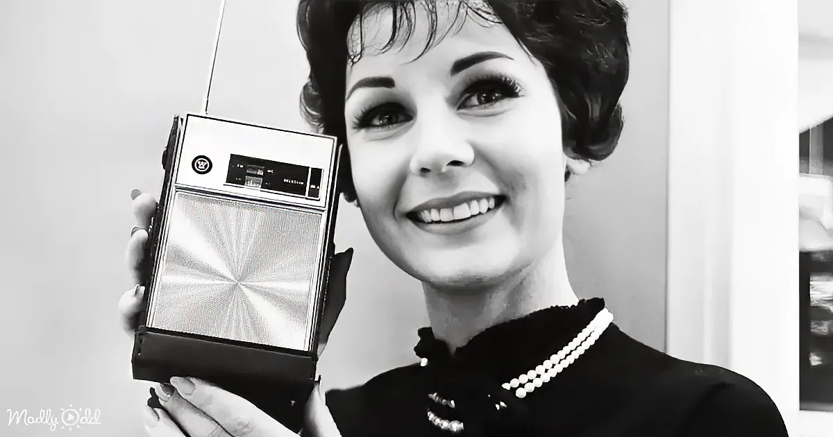 A girl holds a vinyl record, while a classroom scene shows students using typewriters.
