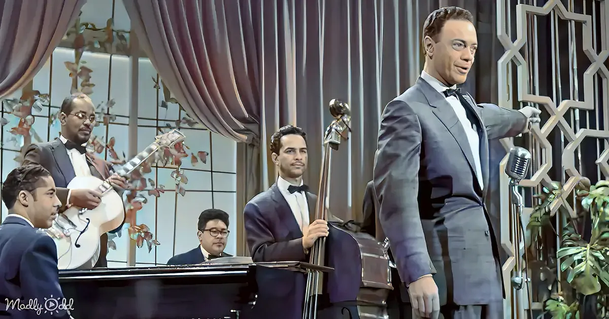 A man in a suit stands confidently, leading a jazz band with a microphone and piano in the foreground.